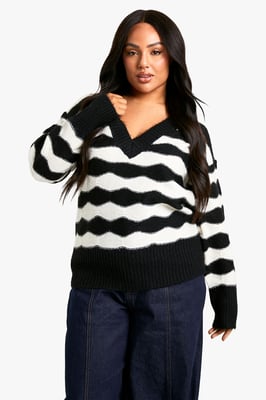V Neck Strip Oversized Knitted Jumper