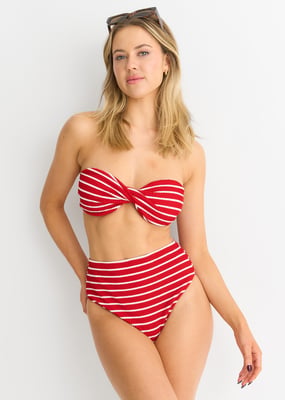 Red Textured Twist Front Stripe Bikini Top