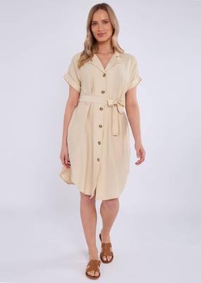 Beige Utility Belted Oversized Viscose Shirt Dress
