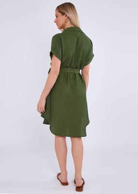 Khaki Utility Belted Oversized Viscose Shirt Dress