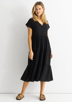 Svart V hals Pocket Smock Midiklänning