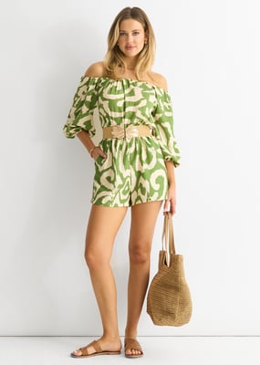 Grön Abstrakt Bardot Playsuit med bälte i viskos