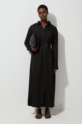 Viscose Linen Woven Belted Shirt Dress