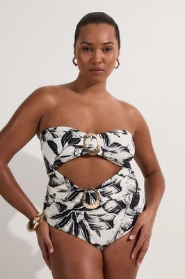 Plus Size Slinky Palm Print Cut Out Swimsuit
