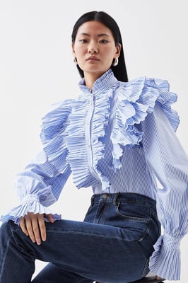 Pleated Striped Ruffle Woven Shirt