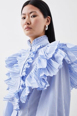 Pleated Striped Ruffle Woven Shirt