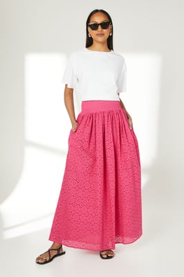 Pink Broderie Midi Skirt