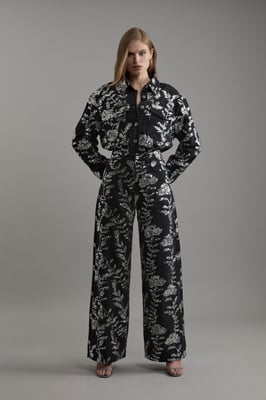 Denim All Over Floral Sequin Wide Leg Trousers