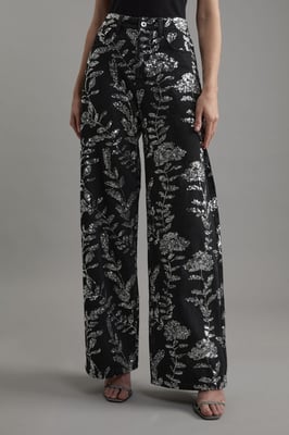 Denim All Over Floral Sequin Wide Leg Trousers