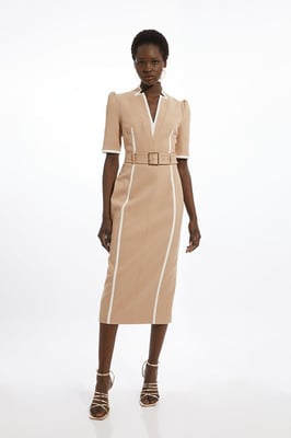 Compact Stretch Contrast Tipped Forever Belted Tailored Midi Dress