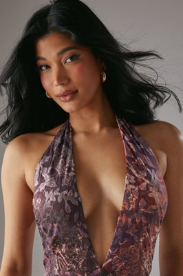 HCD Paisley Devore Plunge Neck Halter Jumpsuit