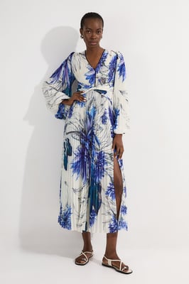 Floral Balloon Sleeve Pleated Crinkle Cut Out Woven Maxi Dress