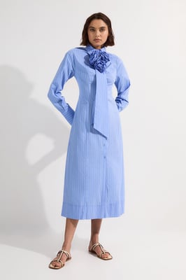 Stripe Cotton Rosette Woven Shirt Maxi Dress