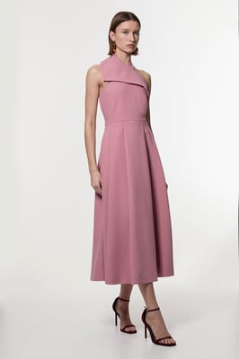 Compact Stretch Halter Neck Belted Full Skirted Midaxi Dress