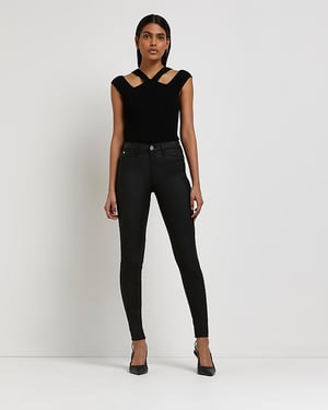 River Island Womens Skinny Jeans Black Molly Coated Mid Rise