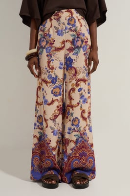 Premium Viscose Linen Paisley Border Print Woven Wide Leg Trouser