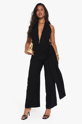 Linen Look Drape Cowl Wrap Jumpsuit