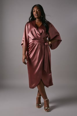 Plus Satin Pleat Front Midi Wrap Dress