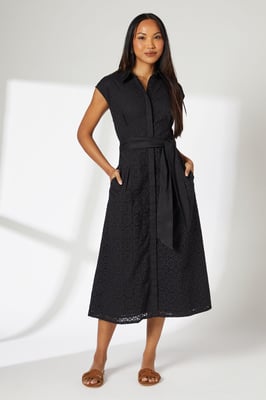 Black Broderie Tie Waist Midi Shirt Dress