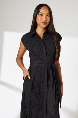 Black Broderie Tie Waist Midi Shirt Dress