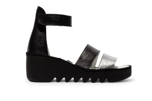 Fly London Dames BONO290FLY Zilver Zwart Idra Leren Sandalen Espadrille Wedges