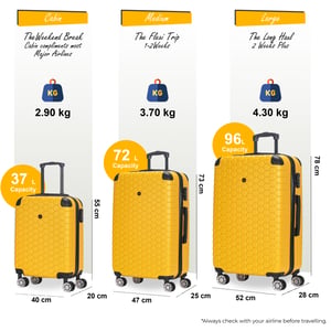 Uitbreidbare gele harde ABS-koffer met 8 wielen, reiskoffer, handbagage en vakantiekoffer