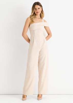 Cream Woven One Shoulder Jumpsuit med vida ben
