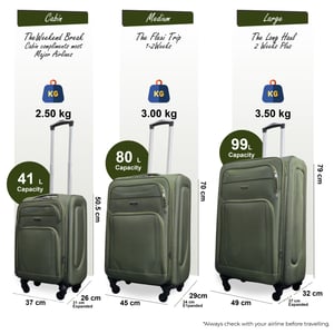 Soft Shell Lightweight Khaki Nylon 4 Wheel Travel Case Holiday Suitcase