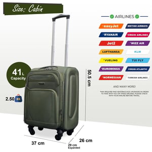 Expandable Soft Shell Cabin Suitcase 50.5 x 37 x 26 cm Luggage Suitable for Easyjet, Ryanair