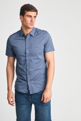 Mid Blue Cotton Printed Chambray Short Sleeve Shirt