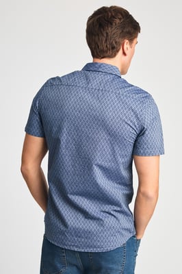 Mid Blue Cotton Printed Chambray Short Sleeve Shirt