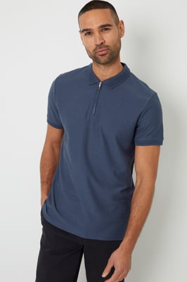 Blue Textured Cotton Quarter Zip Polo Shirt