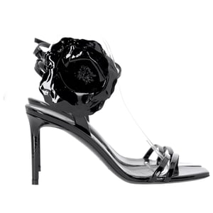 Saint Laurent Amber Flower-corsage Sandalen In Zwart Glanzend Leer