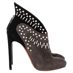 Alaïa Winged Embellished Heeled Ankle Boots in Grey and Black Suede