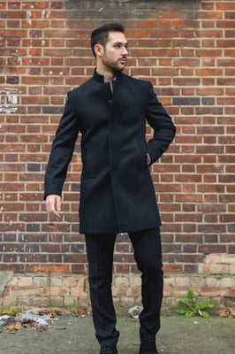 Men's Black Stand Collar Wool Blend Overcoat