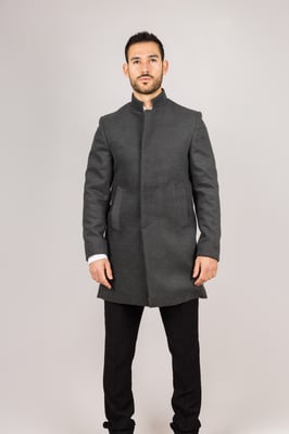Men's Grey Stand Collar Wool Blend Overcoat