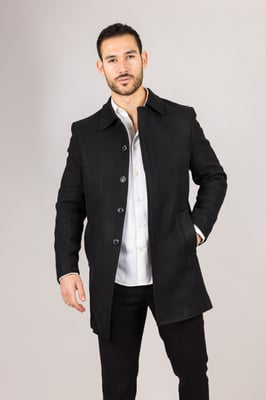 Men's Wool Blend Classic Collar Black Overcoat