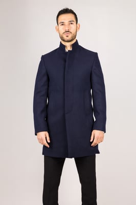 Men's Navy Stand Collar Wool Blend Overcoat
