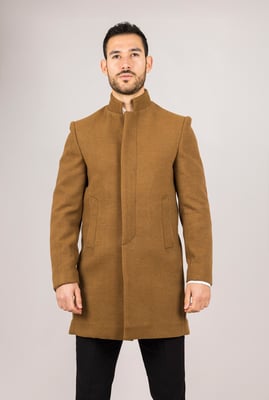 Men's Tan Stand Collar Wool Blend Overcoat