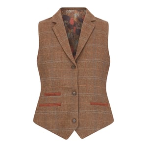 Dames Oak Brown Tailored Fit Tweed Gilet met Visgraatmotief