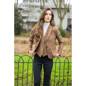 Dames Oak Brown Tailored Fit Tweed Gilet met Visgraatmotief