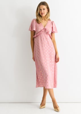 Blush Metallic Foil V Neck Midi Dress