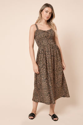 Animal Shirred Bodice Strappy Midi Dress