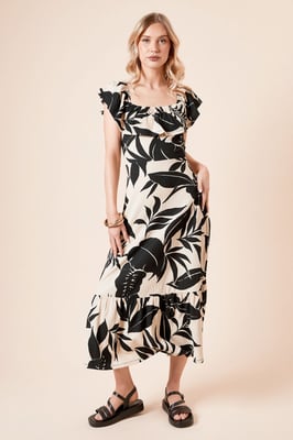 Mono Palm Frill Tiered Hem Midi Dress
