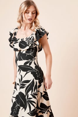 Mono Palm Frill Tiered Hem Midi Dress
