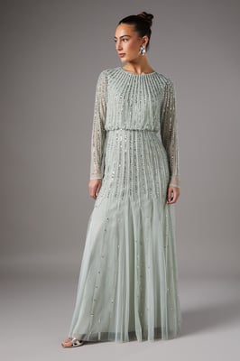 Linear Sequin Embellished Long Sleeve Dress