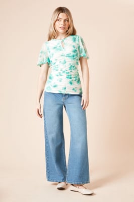 Green Floral Keyhole Ruched Front Angel Sleeve Mesh Top