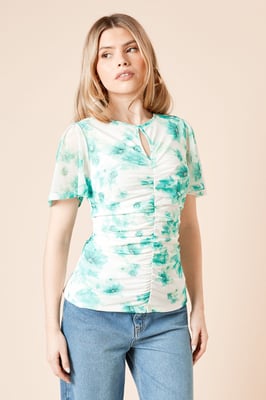 Green Floral Keyhole Ruched Front Angel Sleeve Mesh Top