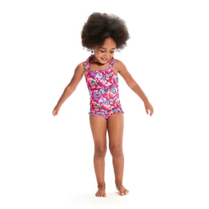 Speedo Een eendelig babypakje met dunne bandjes en franje, bedrukt om te leren zwemmen (Roze/paars)