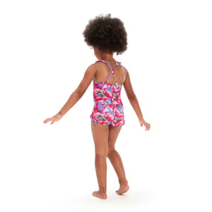 Speedo Een eendelig babypakje met dunne bandjes en franje, bedrukt om te leren zwemmen (Roze/paars)